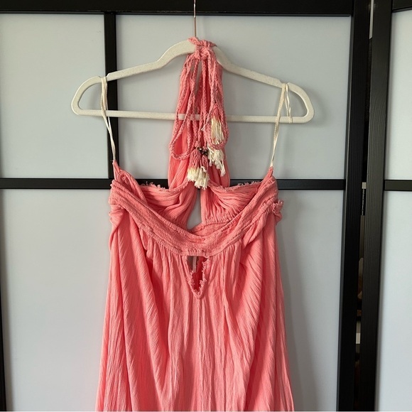 [XL] NWT Free People Look Into The Sun Coral Pink Maxi Dress Frayed & Tassels - Picture 9 of 15